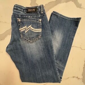 Miss Me Straight Leg Low Rise Jeans Heavy Stitch Embellished Pocket Size 30